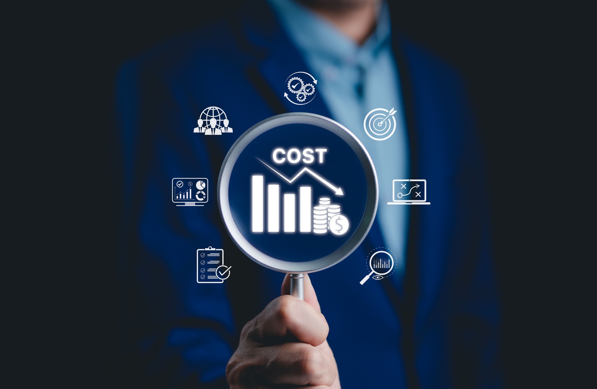 Cost reduction and financial efficiency concept. Businessman focusing on declining cost chart, financial icons, budgeting, strategy, and economic analysis. optimization and cost-saving strategies.